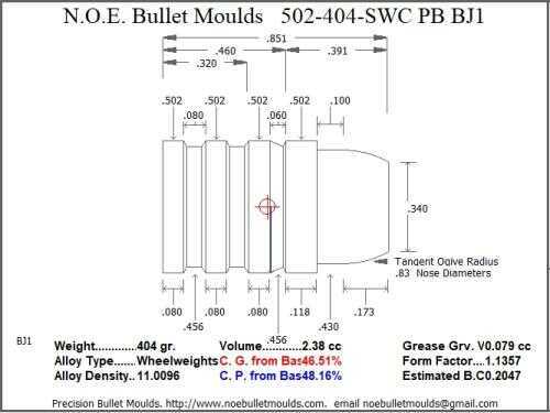 Bullet Mold 4 Cavity Aluminum .502 caliber Plain Base 404 Grains with Semiwadcutter profile type. Keith style