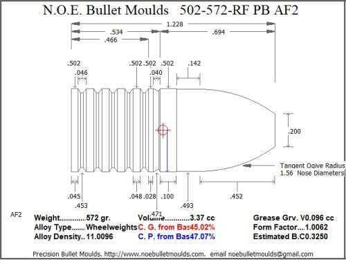 Bullet Mold 3 Cavity Aluminum .502 caliber Plain Base 572 Grains with Round/Flat nose profile type. super heavy
