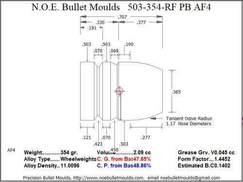 Bullet Mold 2 Cavity Aluminum .503 caliber Plain Base 354 Grains with Round/Flat nose profile type. This mould casts