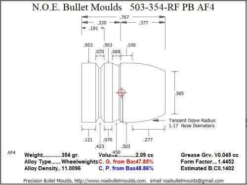 Bullet Mold 3 Cavity Aluminum .503 caliber Plain Base 354 Grains with Round/Flat nose profile type. This mould casts
