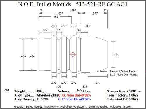 Bullet Mold 2 Cavity Aluminum .513 caliber Gas Check 521 Grains with Round/Flat nose profile type. This mould casts