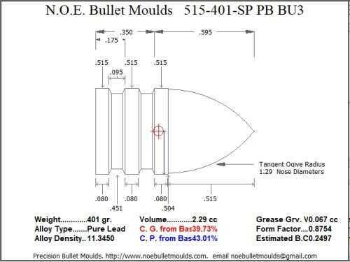 Bullet Mold 3 Cavity Aluminum .515 caliber Plain Base 401 Grains with Spire point profile type.