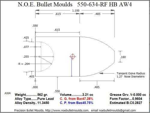 Bullet Mold 4 Cavity Aluminum .550 caliber Hollow Base 634 Grains with Round/Flat nose profile type. Spire point