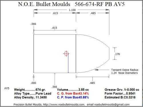 Bullet Mold 4 Cavity Aluminum .566 caliber Hollow Base 674 Grains with Round/Flat nose profile type. Spire point