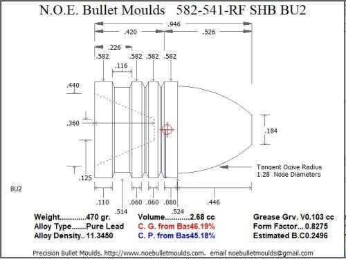 Bullet Mold 4 Cavity Aluminum .582 caliber Hollow Base 541 Grains with Round/Flat nose profile type. flat