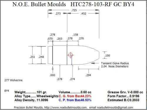 Bullet Mold 2 Cavity Brass .278 caliber Gas Check 103 Grains with a Round/Flat nose profile type. Designed for Powder