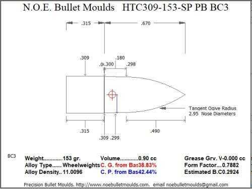 Bullet Mold 2 Cavity Aluminum .309 caliber Plain Base 153 Grains with Spire point profile type. Designed for Powder