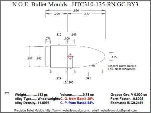 Click to see larger image. Bullet Mold 3 Cavity Aluminum .310 caliber Gas Check 135 Grains with Round Nose profile type. Designed for Powder co