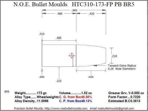 Bullet Mold 2 Cavity Brass .310 caliber Plain Base 173 Grains with a Flat Point profile type. Designed for Powder coat