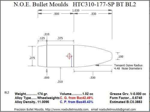Bullet Mold 2 Cavity Brass .310 caliber Boat tail 177 Grains with a Spire point profile type. Designed for Powder coat