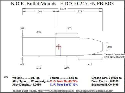 Bullet Mold 2 Cavity Aluminum .310 caliber Plain Base 247 Grains with Flat nose profile type. Designed for Powder co