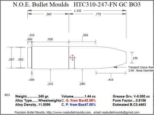 Bullet Mold 4 Cavity Aluminum .310 caliber Gas Check 247 Grains with Flat nose profile type. Designed for Powder coa