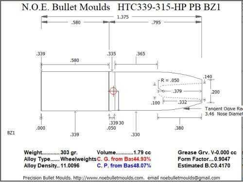 Bullet Mold 4 Cavity Aluminum .339 caliber Plain Base 315 Grains with Flat nose profile type. Designed for Powder co