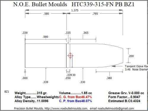 Bullet Mold 3 Cavity Aluminum .339 caliber Plain Base 315 Grains with Flat nose profile type. Designed for Powder co