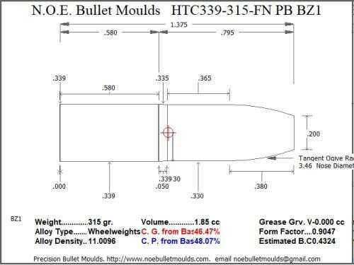 Bullet Mold 4 Cavity Aluminum .339 caliber Plain Base 315 Grains with Flat nose profile type. Designed for Powder co