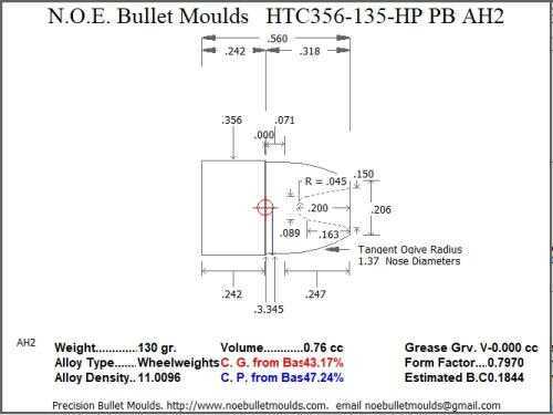 Bullet Mold 2 Cavity Aluminum .356 caliber Plain Base 135 Grains with Round/Flat nose profile type. Designed for Pow