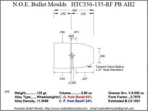 Bullet Mold 2 Cavity Aluminum .356 caliber Plain Base 135 Grains with Round/Flat nose profile type. Designed for Pow