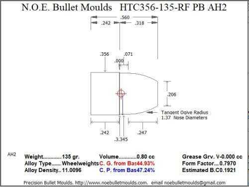 Bullet Mold 2 Cavity Brass .356 caliber Plain Base 135 Grains with a Round/Flat nose profile type. Designed for Powder