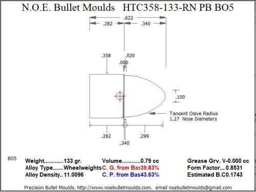 Bullet Mold 2 Cavity Aluminum .358 caliber Plain Base 133 Grains with Round Nose profile type. Designed for Powder