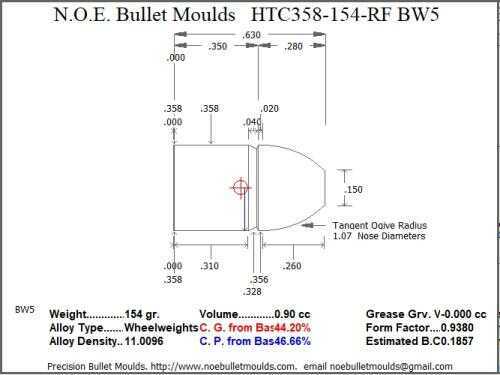 Bullet Mold 2 Cavity Aluminum .358 caliber Plain Base 154 Grains with Round/Flat nose profile type. Designed for Pow