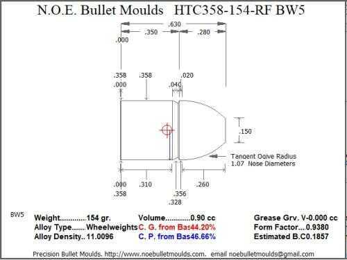 Bullet Mold 5 Cavity Aluminum .358 caliber Plain Base 154 Grains with Round/Flat nose profile type. Designed for Pow