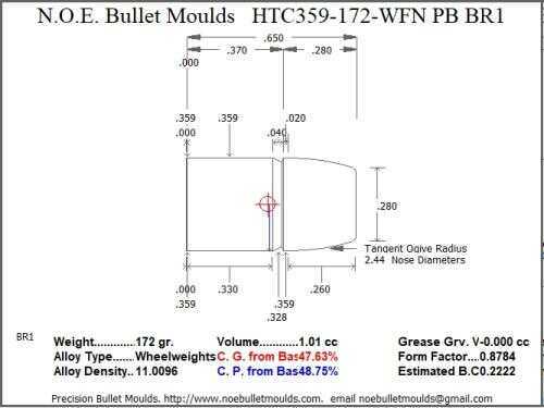 Bullet Mold 2 Cavity Aluminum .359 caliber Plain Base 172 Grains with Wide Flat nose profile type. Designed for Powd