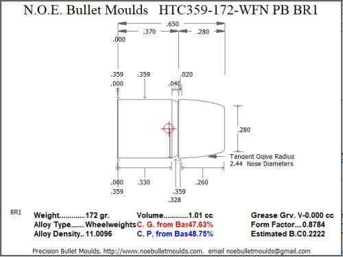 Bullet Mold 2 Cavity Brass .359 caliber Plain Base 172 Grains with a Wide Flat nose profile type. Designed for Powder