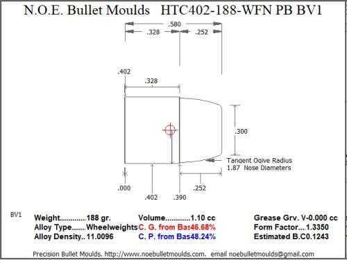 Bullet Mold 2 Cavity Aluminum .402 caliber Plain Base 188 Grains with Wide Flat nose profile type. Designed for Powd