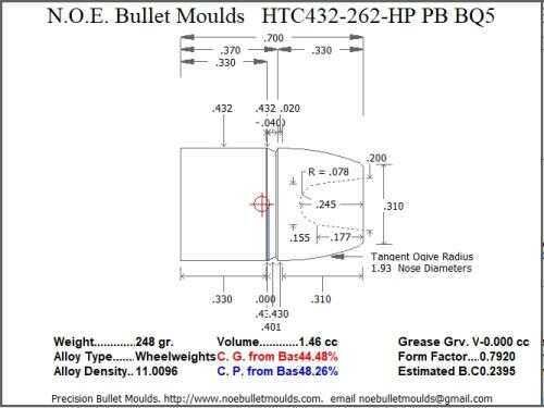 Bullet Mold 4 Cavity Aluminum .432 caliber Plain Base 262 Grains with Wide Flat nose profile type. Designed for Powd