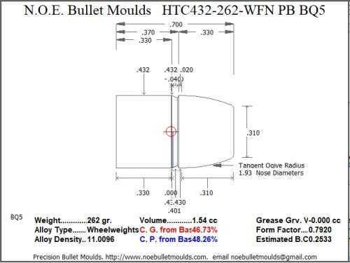 Bullet Mold 2 Cavity Brass .432 caliber Plain Base 262 Grains with a Wide Flat nose profile type. Designed for Powder