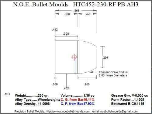Bullet Mold 2 Cavity Brass .452 caliber Plain Base 230 Grains with a Round/Flat nose profile type. Designed for Powder