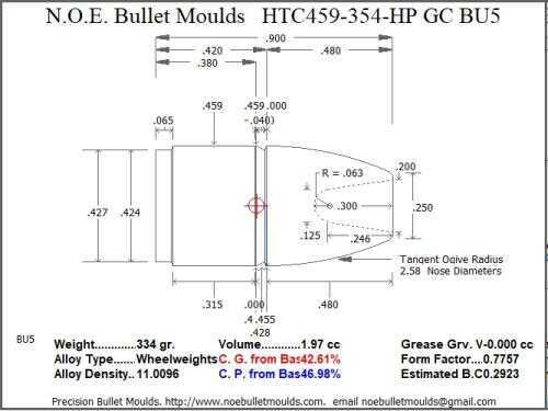 Bullet Mold 4 Cavity Aluminum .459 caliber Gas Check 354 Grains with Flat nose profile type. Designed for Powder coa