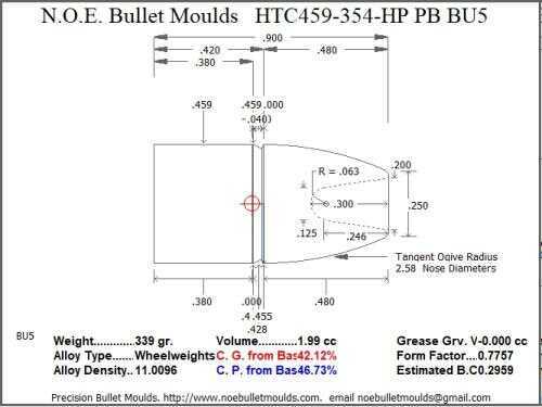 Bullet Mold 4 Cavity Aluminum .459 caliber Plain Base 354 Grains with Flat nose profile type. Designed for Powder co