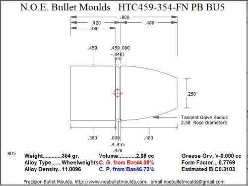 Bullet Mold 2 Cavity Aluminum .459 caliber Plain Base 354 Grains with Flat nose profile type. Designed for Powder co