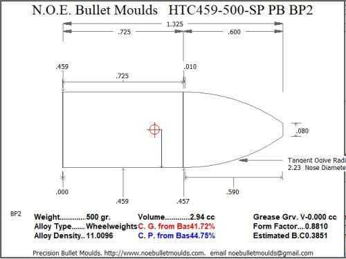 Bullet Mold 4 Cavity Aluminum .459 caliber Plain Base 500 Grains with Spire point profile type. Designed for Powder