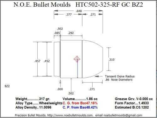 Bullet Mold 2 Cavity Aluminum .502 caliber Gas Check 325 Grains with Flat nose profile type. Designed for Powder coa