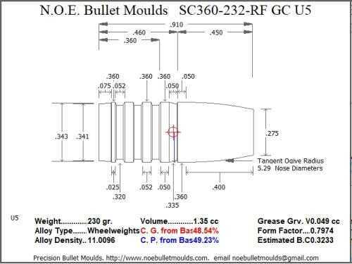Bullet Mold 4 Cavity Brass .360 caliber Gas Check 232 Grains with a Round/Flat nose profile type. These are world