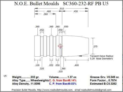 Bullet Mold 4 Cavity Brass .360 caliber Plain Base 232 Grains with a Round/Flat nose profile type. These are world