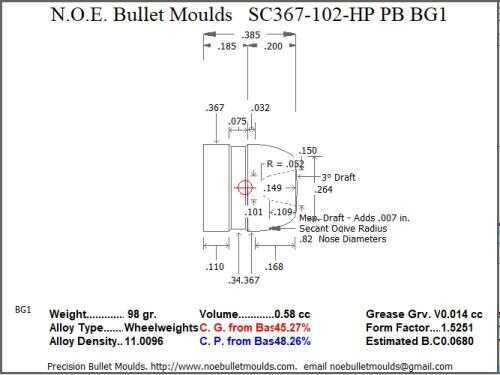 Bullet Mold 2 Cavity Brass .367 caliber Plain Base 102 Grains with a Round/Flat nose profile type. These are world