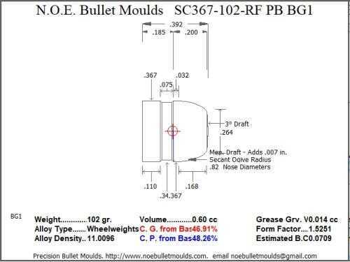 Bullet Mold 2 Cavity Brass .367 caliber Plain Base 102 Grains with a Round/Flat nose profile type. These are world
