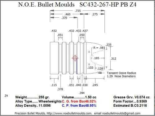 Bullet Mold 2 Cavity Brass .432 caliber Plain Base 267 Grains with a Round/Flat nose profile type. These are world