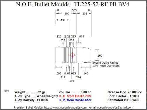 Bullet Mold 3 Cavity Brass .225 caliber Plain Base 52 Grains with a Round/Flat nose profile type. Tumble lube style