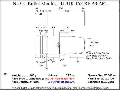 Bullet Mold 2 Cavity Brass .310 caliber Plain Base 165 Grains with a Round/Flat nose profile type. Tumble lube style