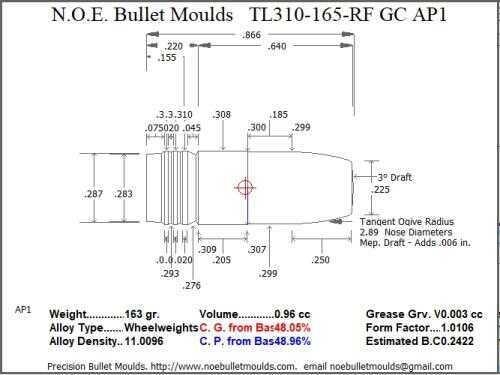 Bullet Mold 5 Cavity Aluminum .310 caliber Gas Check 165 Grains with Round/Flat nose profile type. Tumble lube style
