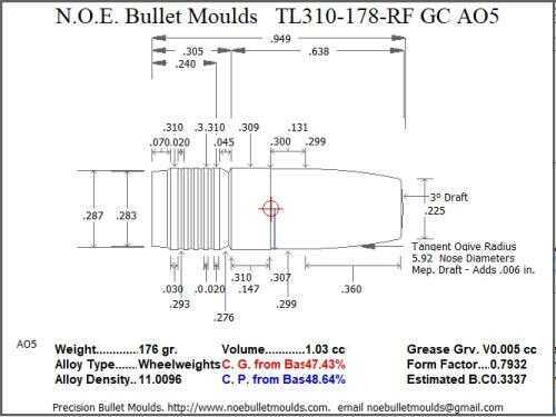 Bullet Mold 4 Cavity Aluminum .310 caliber Gas Check 178 Grains with Round/Flat nose profile type. Tumble lube style