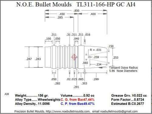 Bullet Mold 4 Cavity Brass .311 caliber Gas Check 166 Grains with a Round/Flat nose profile type. Tumble lube style