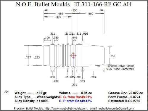 Bullet Mold 4 Cavity Brass .311 caliber Gas Check 166 Grains with a Round/Flat nose profile type. Tumble lube style