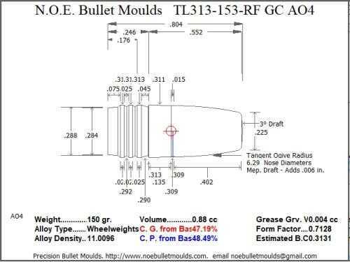 Bullet Mold 2 Cavity Brass .313 caliber Gas Check 153 Grains with a Round/Flat nose profile type. Tumble lube style