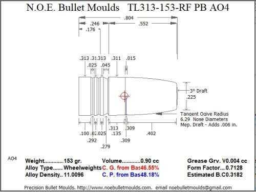 Bullet Mold 2 Cavity Brass .313 caliber Plain Base 153 Grains with a Round/Flat nose profile type. Tumble lube style