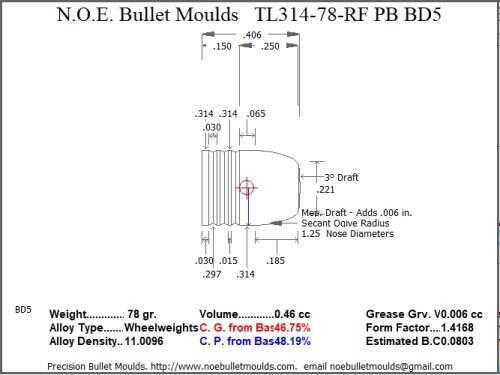 Bullet Mold 2 Cavity Aluminum .314 caliber Plain Base 78 Grains with Round/Flat nose profile type. Tumble lube style